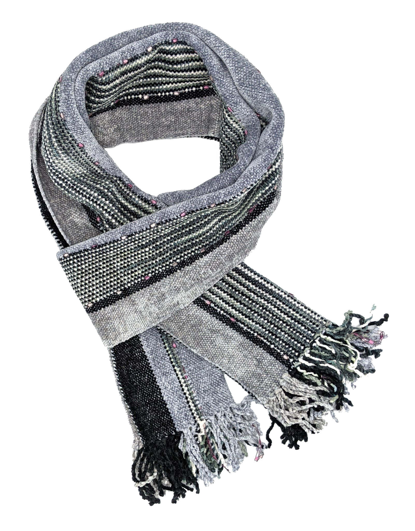 Black, Gray and White Stripes with Ornamental Yarn Accents Bamboo Chenille Handwoven Scarf 8 x 68