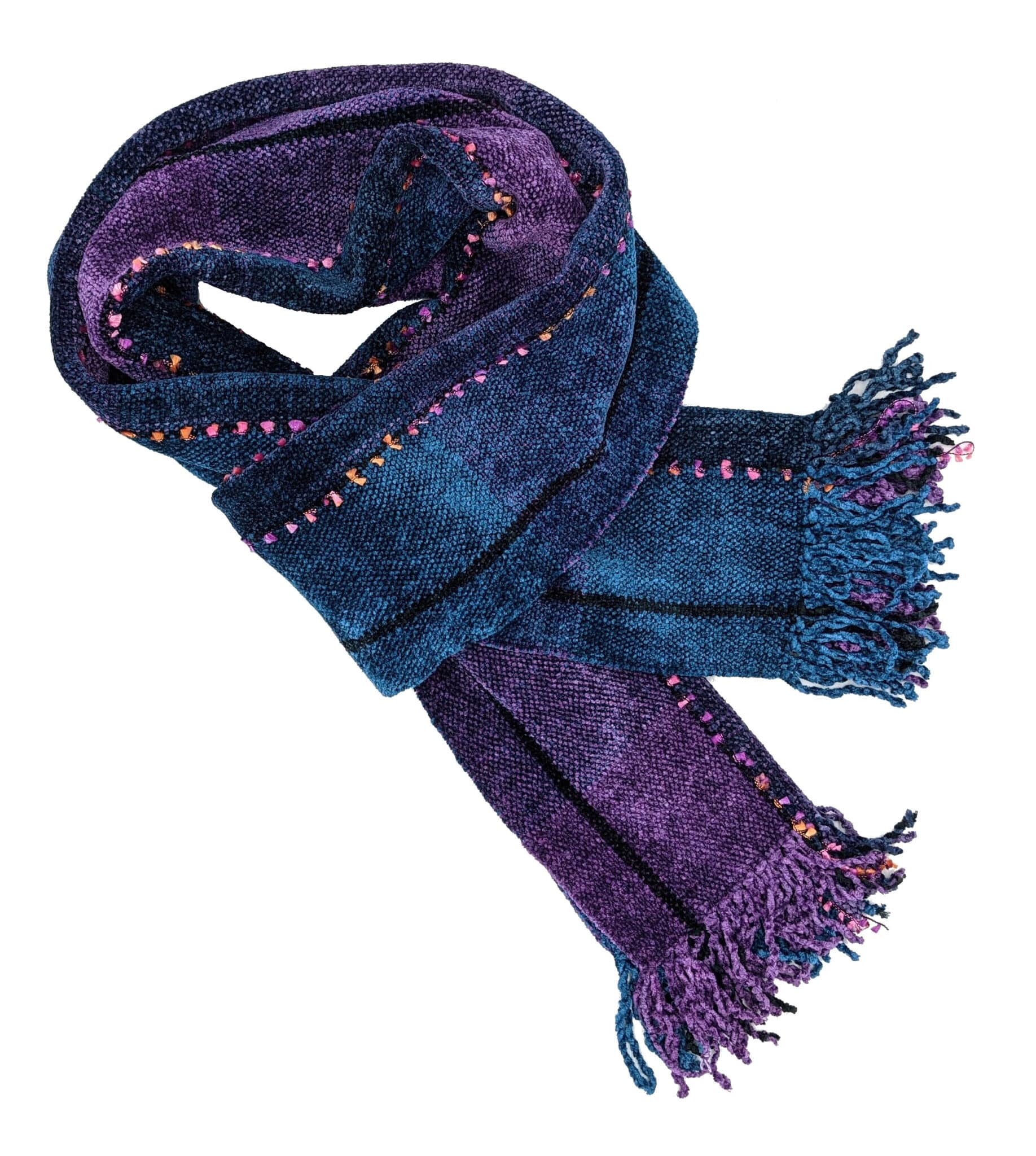 Blue, Purple and Black Stripes with Ornamental Yarn Bamboo Chenille Handwoven Scarf 8 x 68