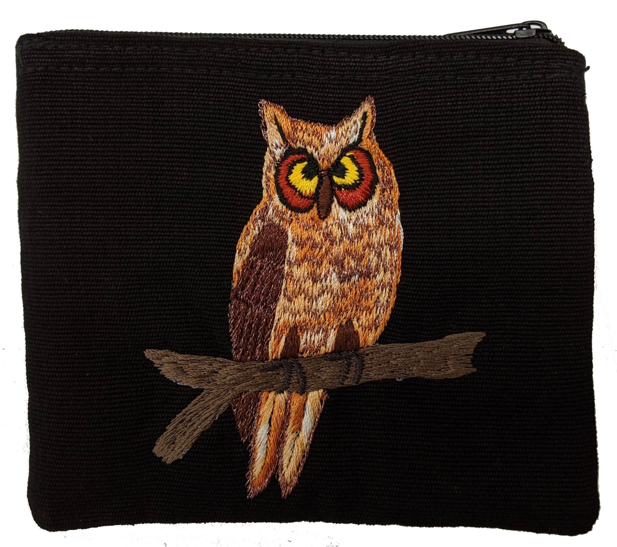Great Horned Owl Thread Painted Cotton Coin Purse