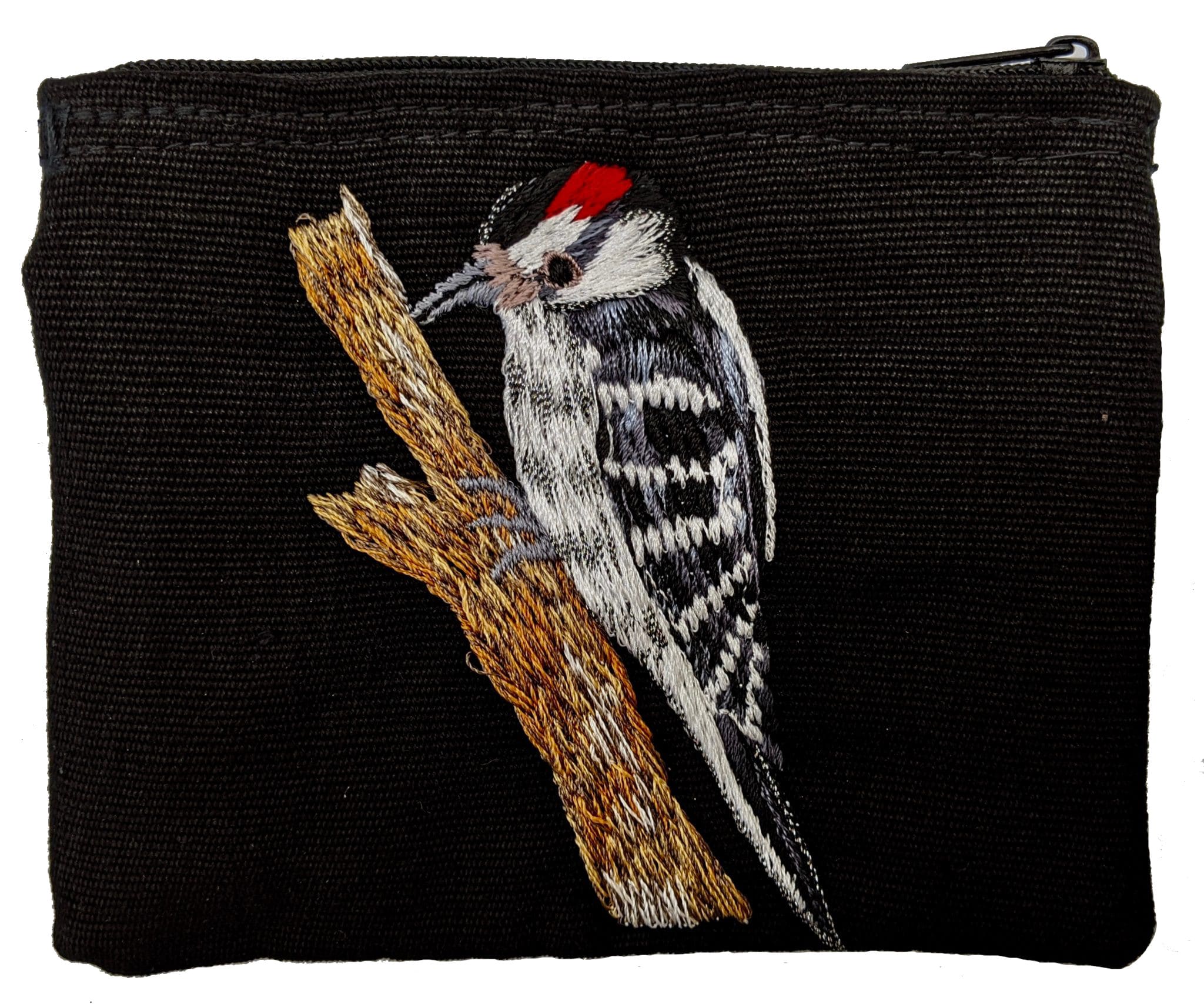 Downy Woodpecker Thread Painted Cotton Coin Purse