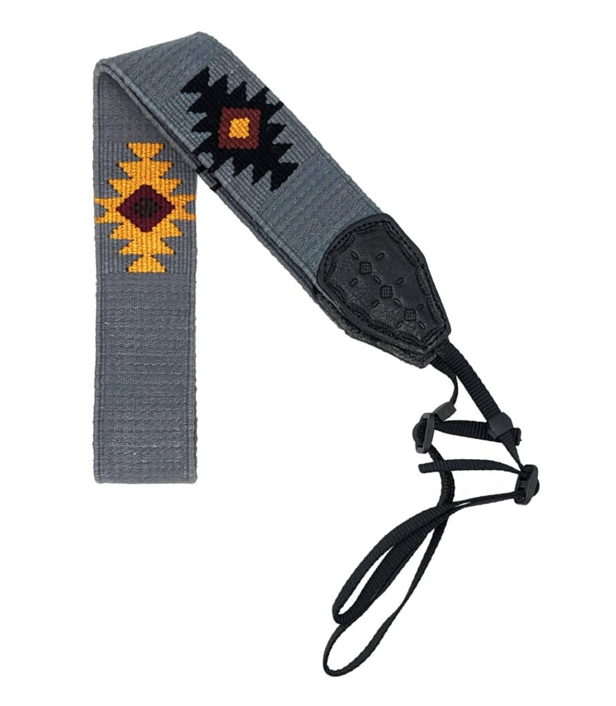Handwoven Cotton and Leather Camera Strap - Gray with Geometric Diamond Pattern
