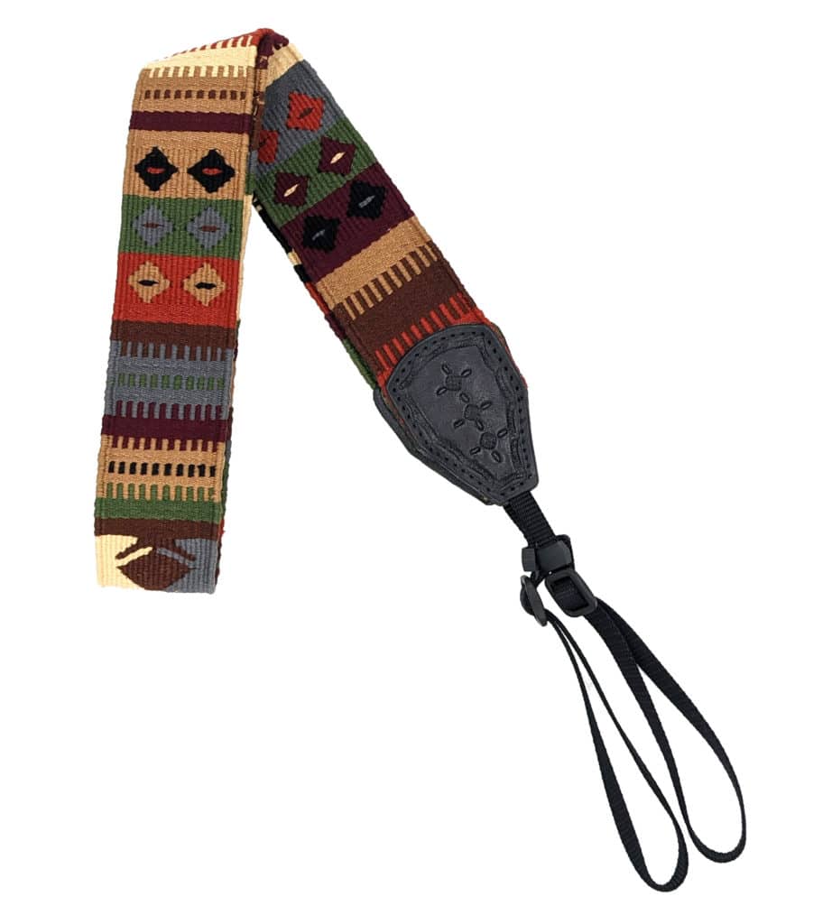 Handwoven Cotton and Leather Camera Strap - Autumn and Cream with Bunnies, Seahorses and Diamonds