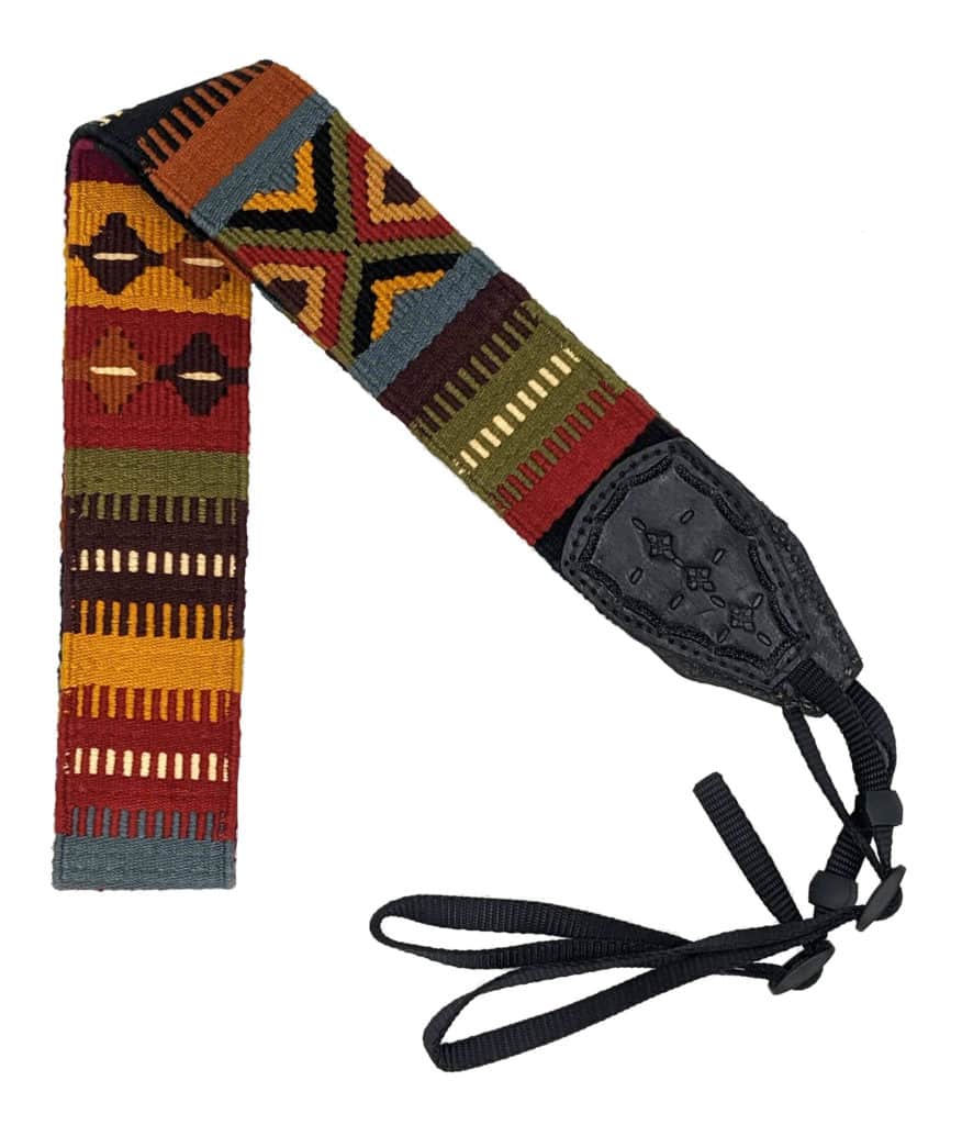 Handwoven Cotton and Leather Camera Strap - Autumn with Geometric Patterns