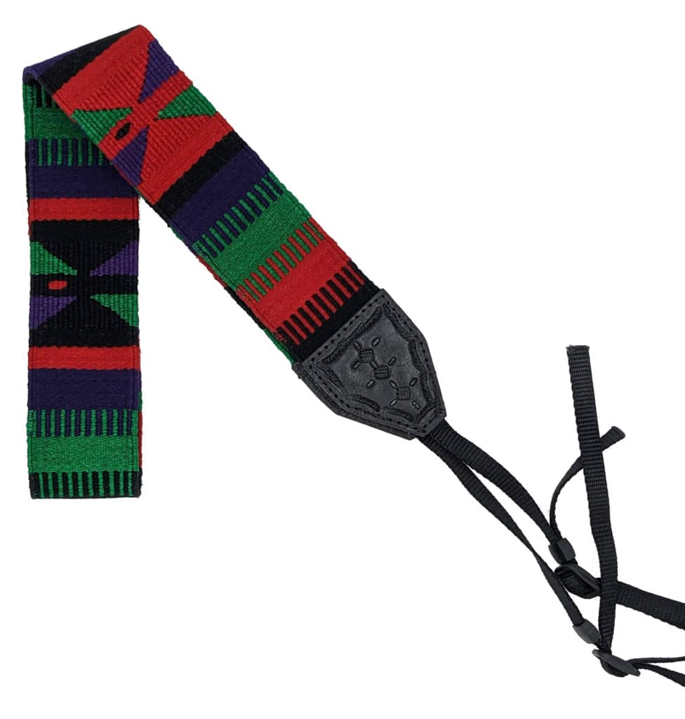 Handwoven Cotton and Leather Camera Strap - Black, Red, Green and Purple with Butterflies