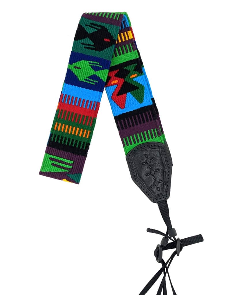 Handwoven Cotton and Leather Camera Strap - Bright Colors with Fish, Ducks and Flying Bird
