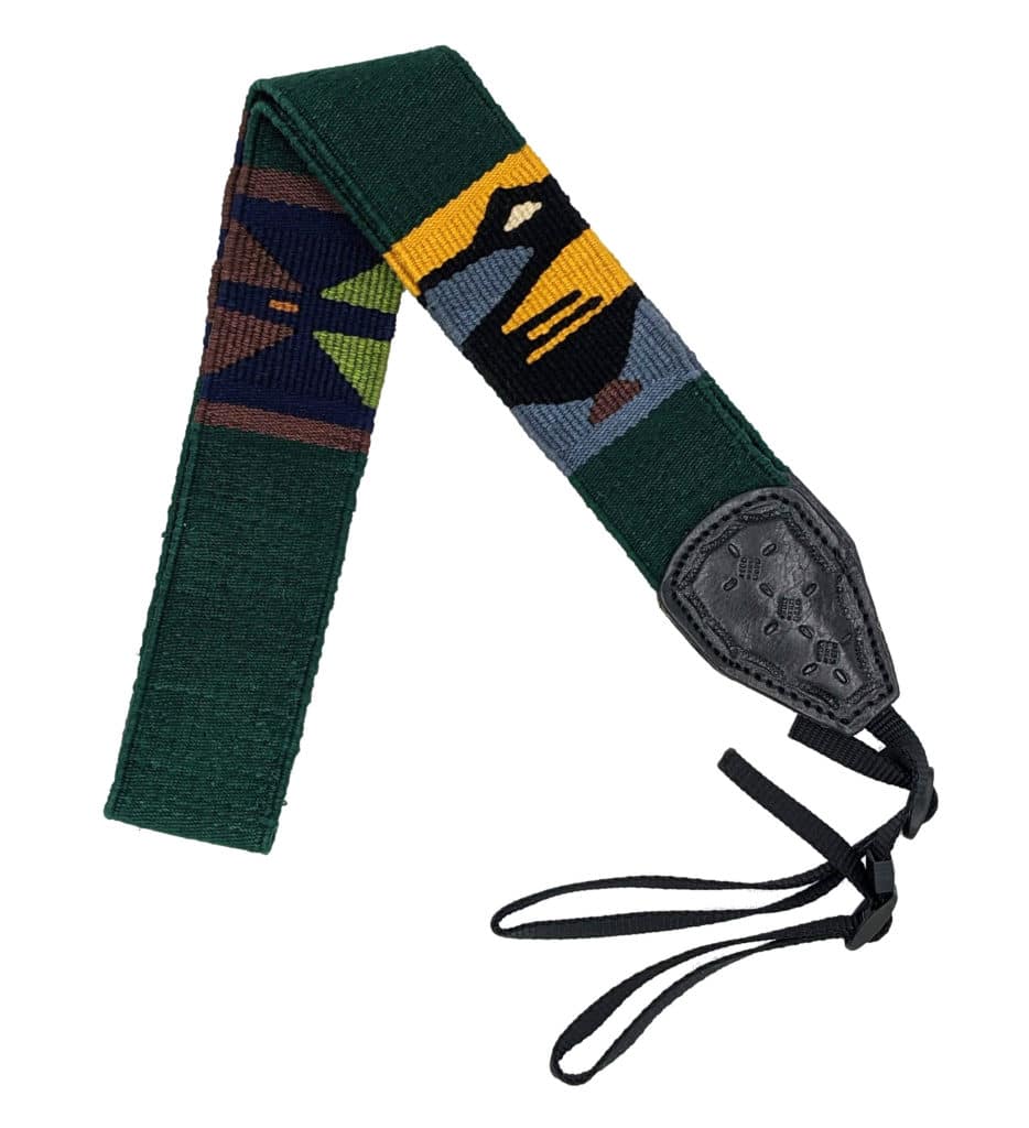 Handwoven Cotton and Leather Camera Strap - Dark Green and Autumn with Butterflies and Birds