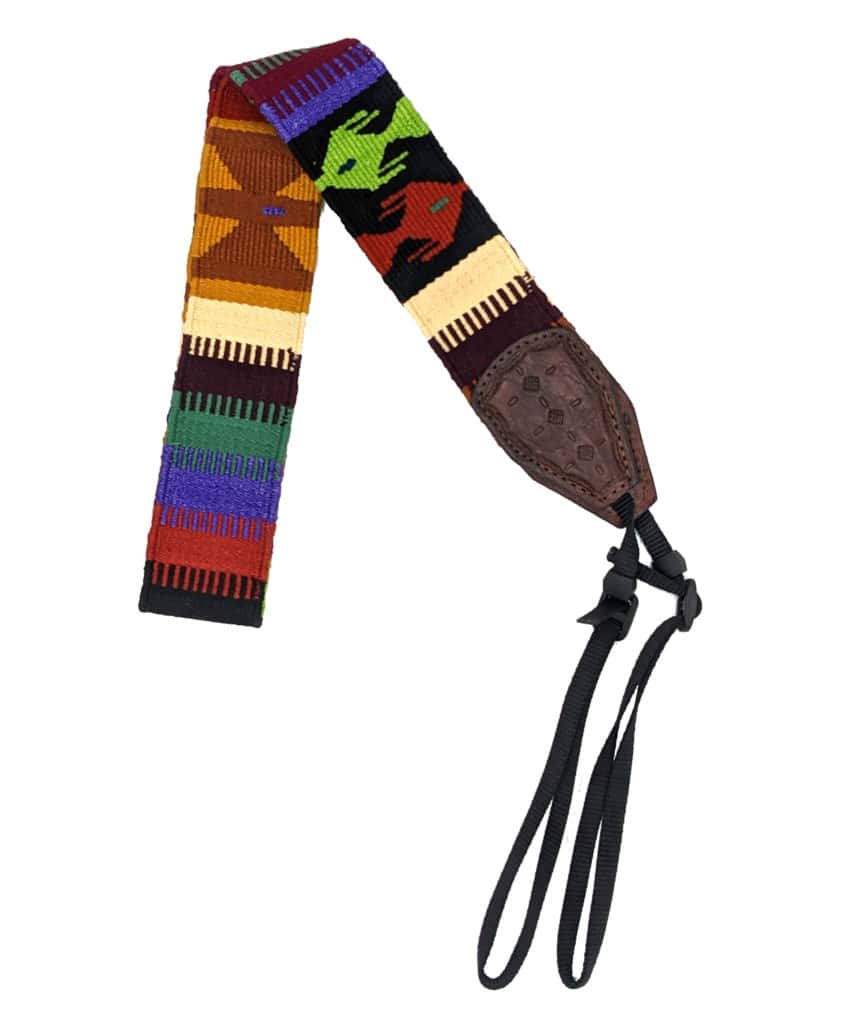 Handwoven Cotton and Leather Camera Strap - Earth Rainbow with Fish and Butterflies