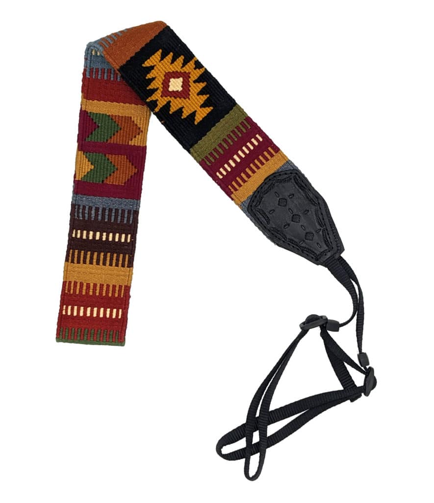 Handwoven Cotton and Leather Camera Strap - Earth Tones with Diamonds and Arrows