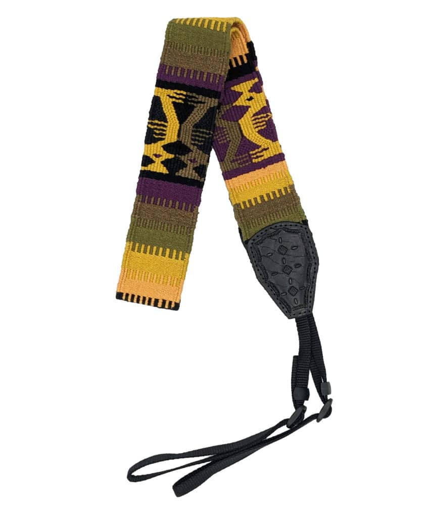 Handwoven-Cotton-and-Leather-Camera-Strap-Olive-Purple-Beige-with-Kissing-Seahorses 