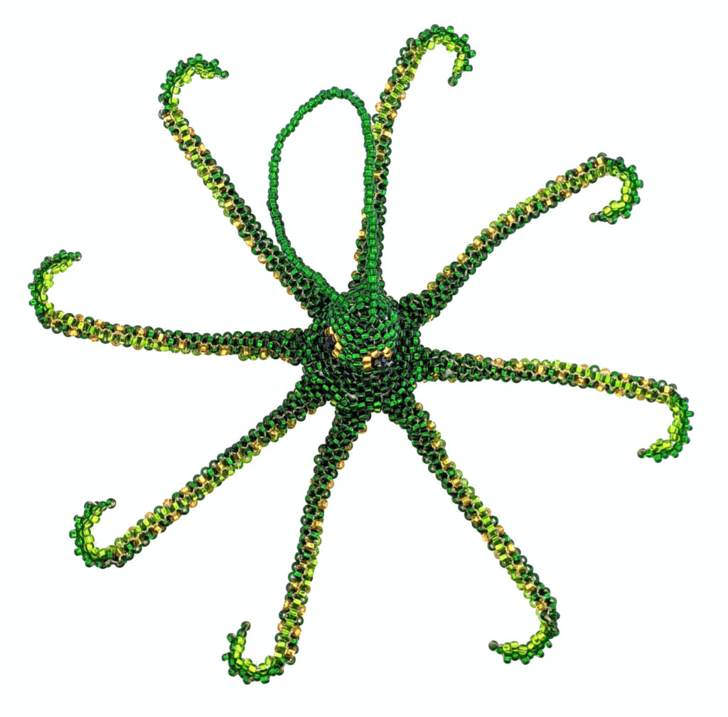 Octopus Beaded Ornament - Dark Green with Lime and Gold