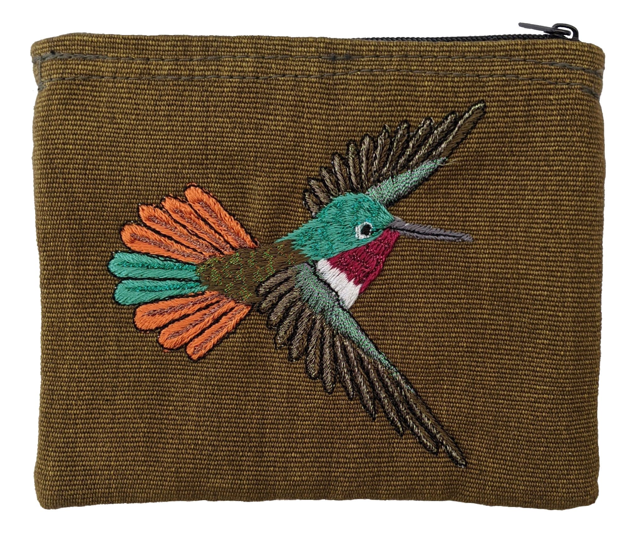 Ruby Throated Hummingbird Thread Painted Cotton Coin Purse