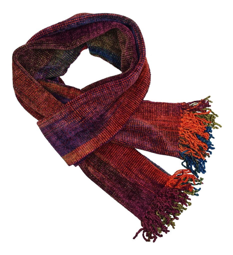 Orange, Blue, Burgundy and Olive Bamboo Chenille Handwoven Scarf 8 x 68