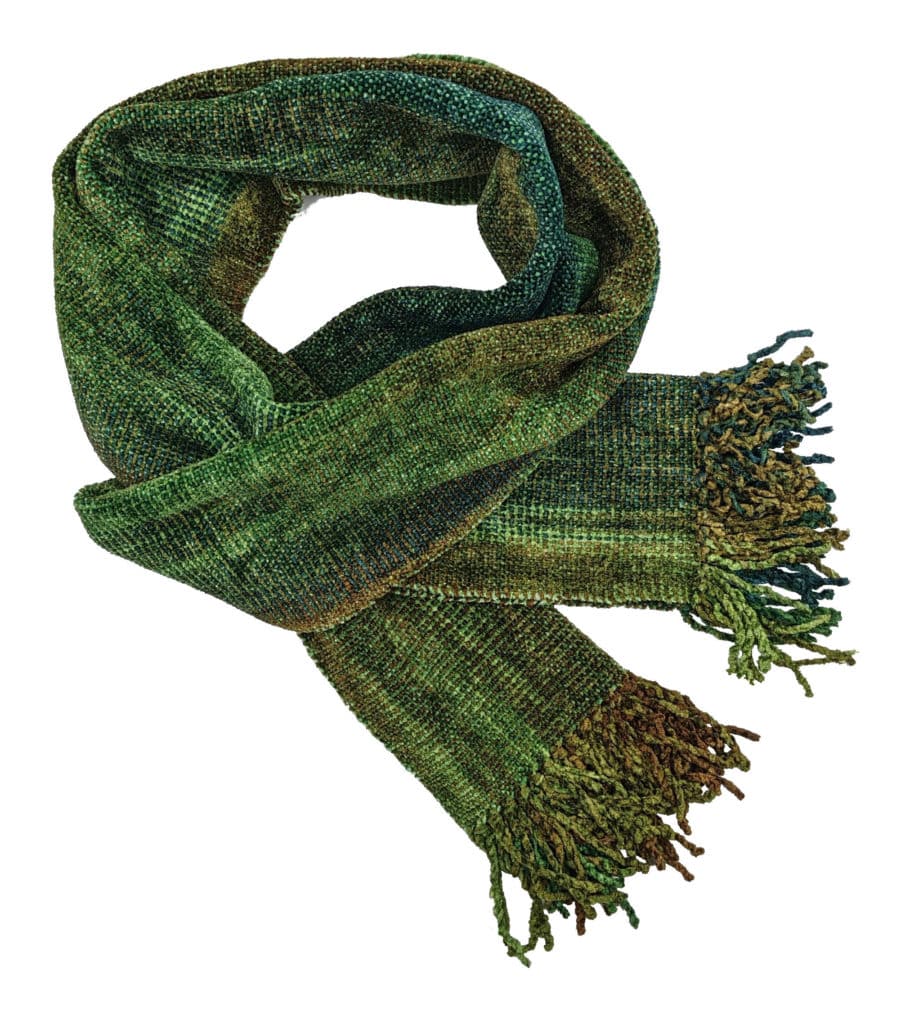 Greens, Brown and Copper Bamboo Chenille Handwoven Scarf 8 x 68