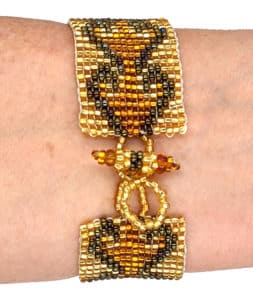 Golds and Peacock Brown Hearts Beaded Bracelet