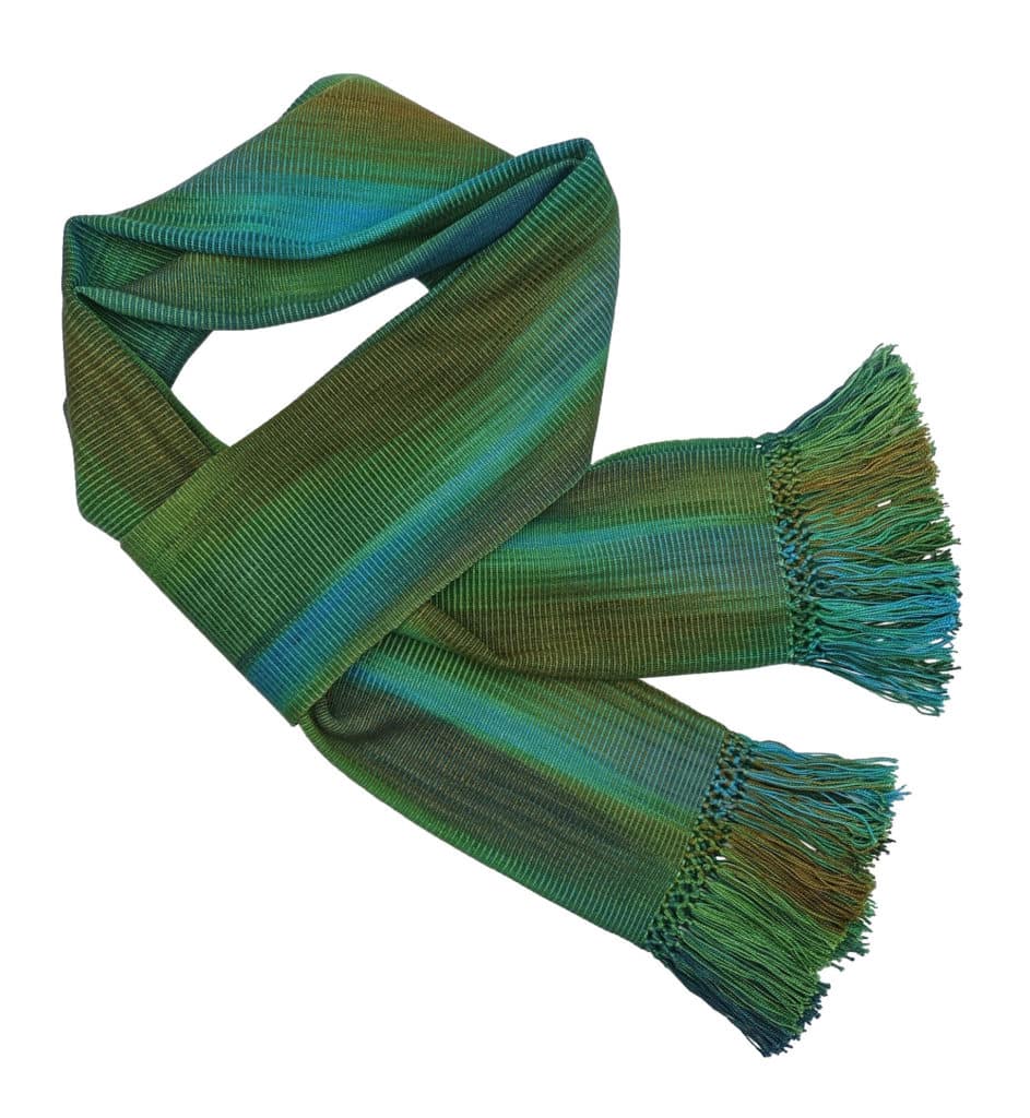 Green with Blue and Coffee Lightweight Bamboo Handwoven Scarf 8 x 68