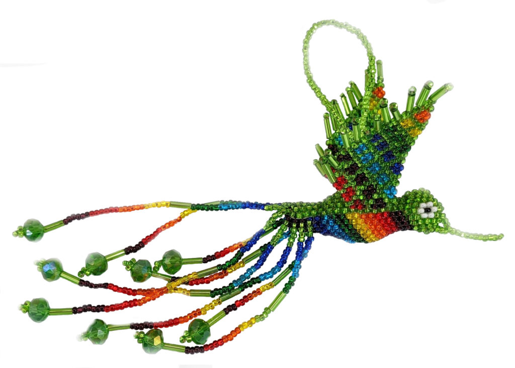 Hummingbird Beaded Ornament - Rainbow with Lime Green