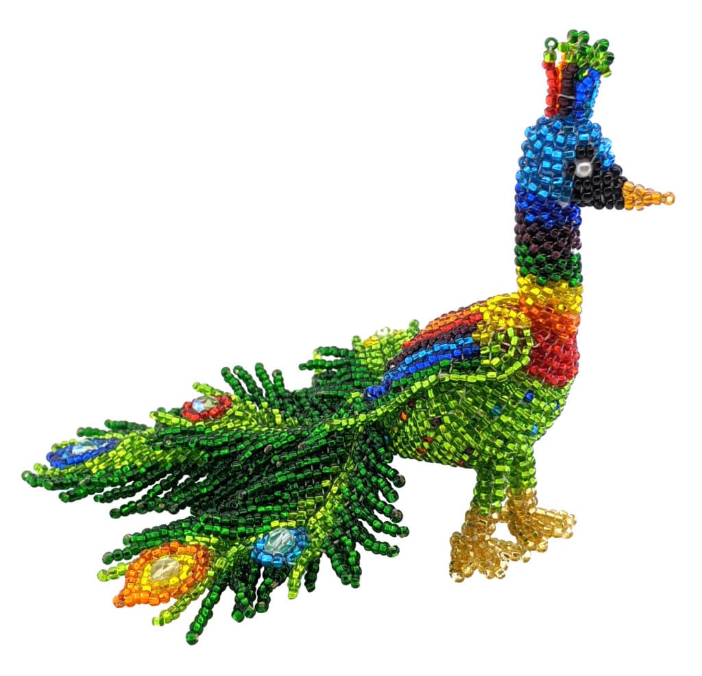 Peacock Beaded Table Ornament with Fancy Tail Feathers