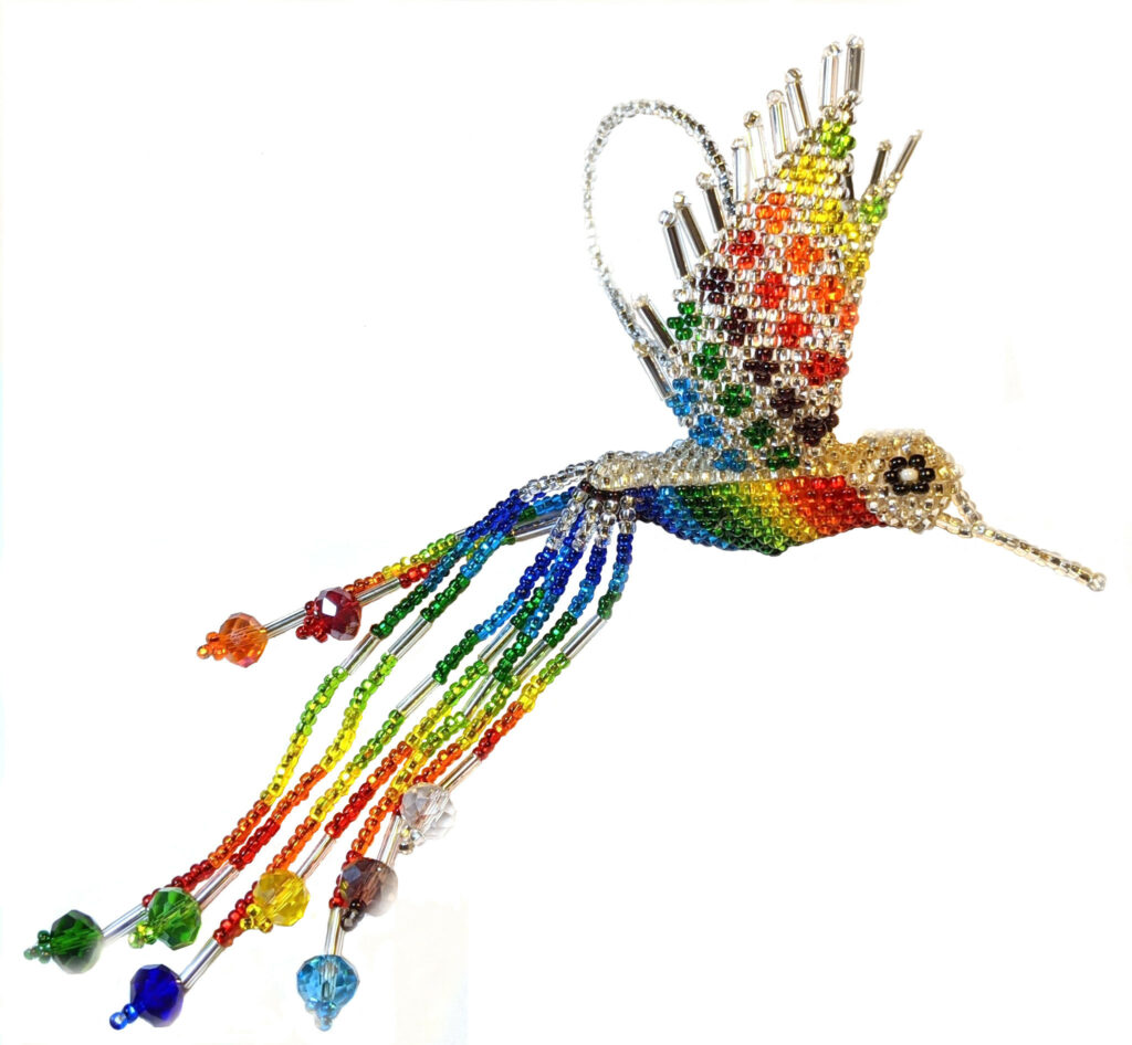 Hummingbird Beaded Ornament - Rainbow with Silver White