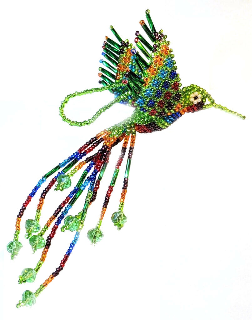 Hummingbird Beaded Ornament - Multicolor with Lime Green