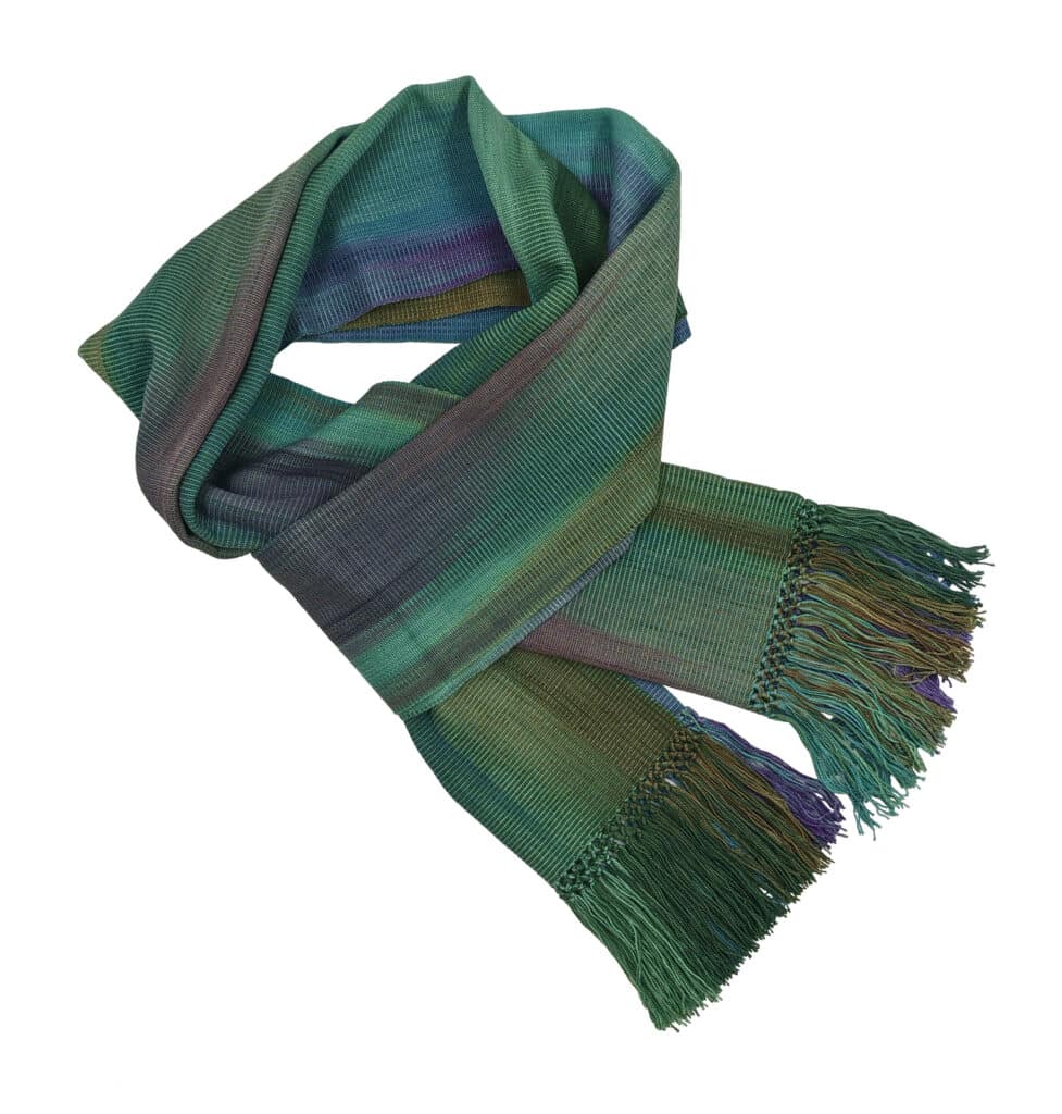 Green, Purple and Blue Lightweight Bamboo Handwoven Scarf 8 x 68