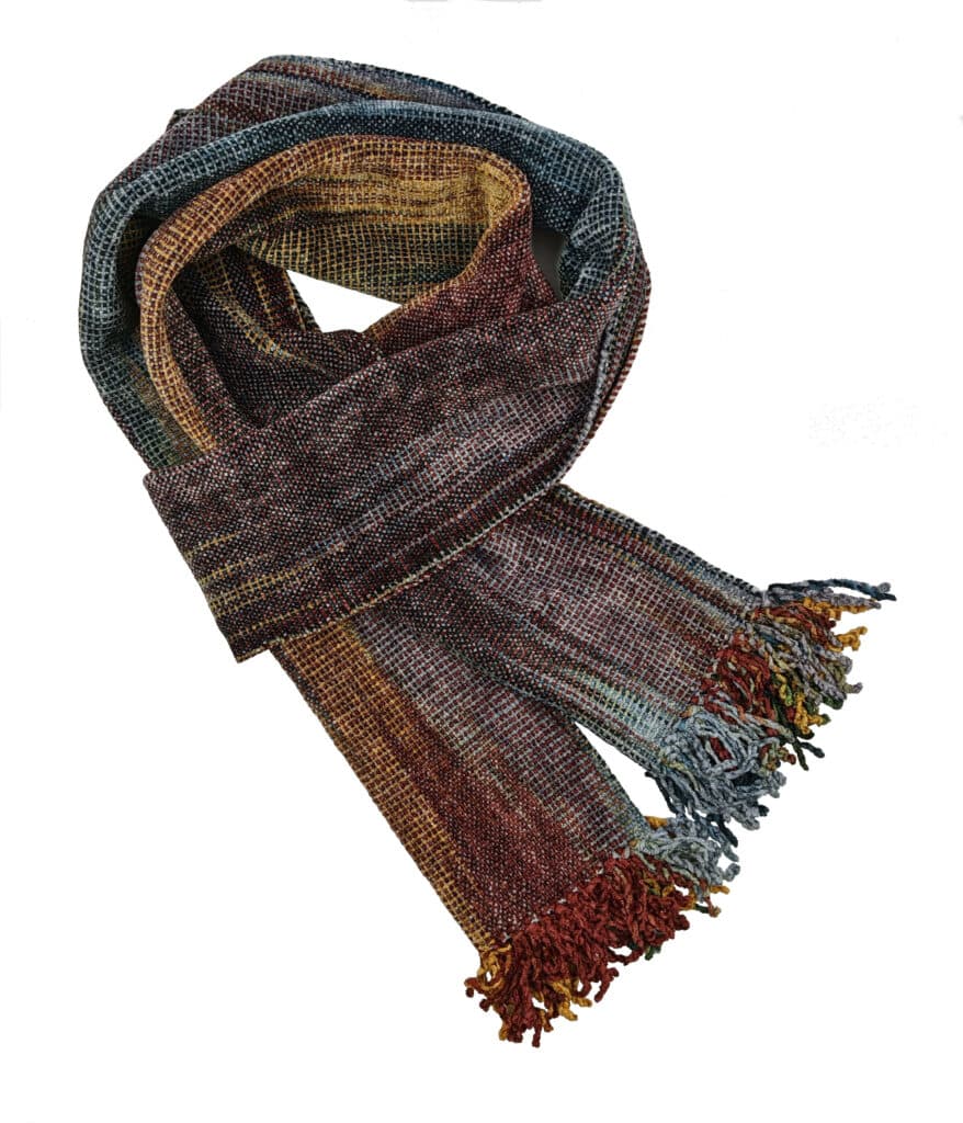 Gold, Burgundy, Black, White and Gray Bamboo Chenille Handwoven Scarf 8 x 68