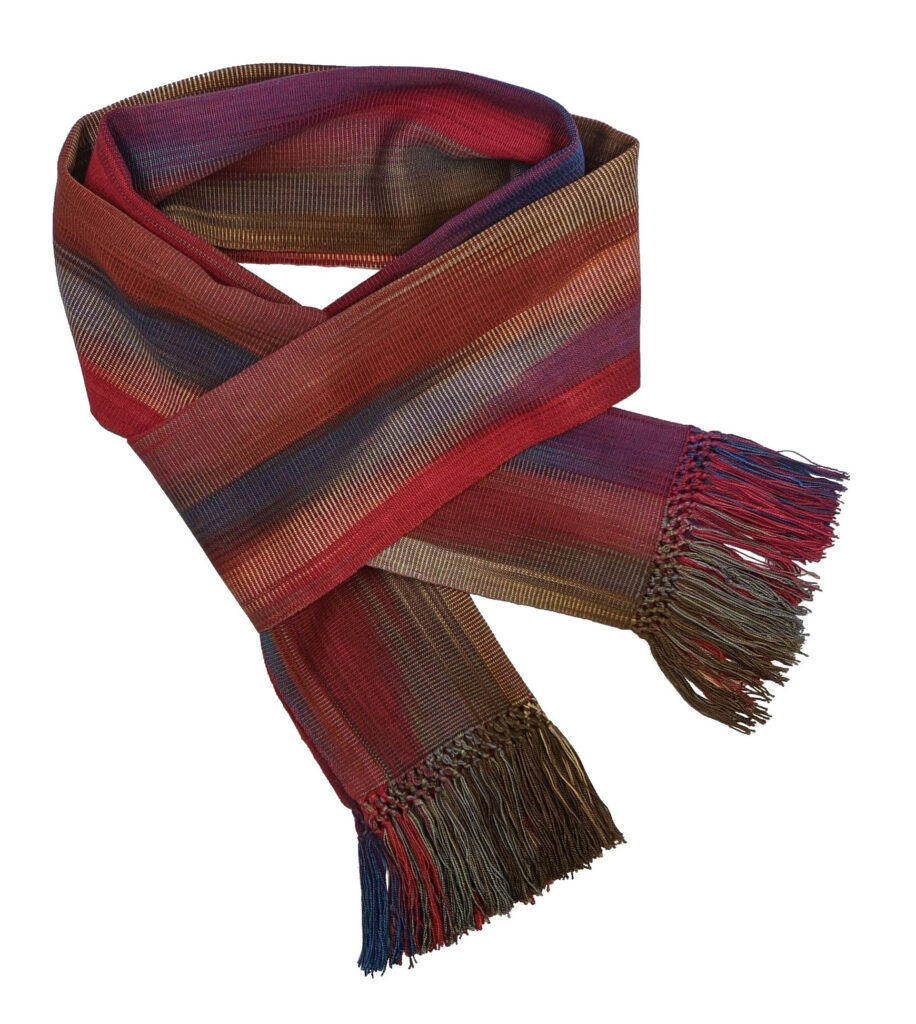 Red, Blue, Cream and Brown Lightweight Bamboo Handwoven Scarf 8 x 68