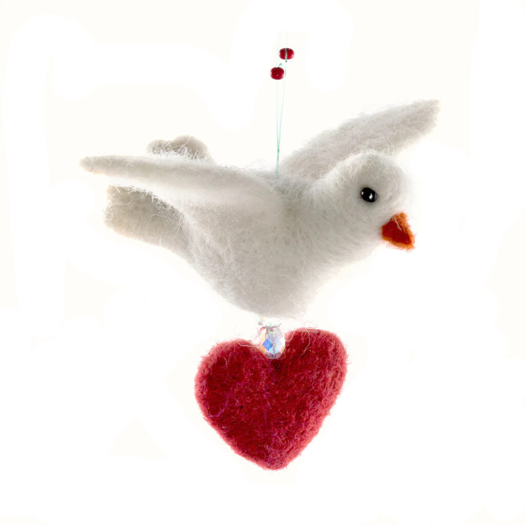 Felted Wool Dove with Heart Ornament