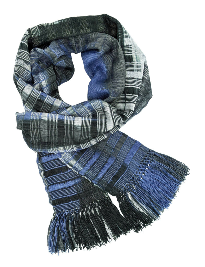 Blue, Grays and Black Lightweight Bamboo Open-Weave Handwoven Scarf 8 x 68