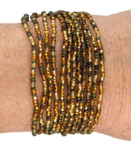 Golds and Peacock Brown 12-Strand Beaded Bracelet