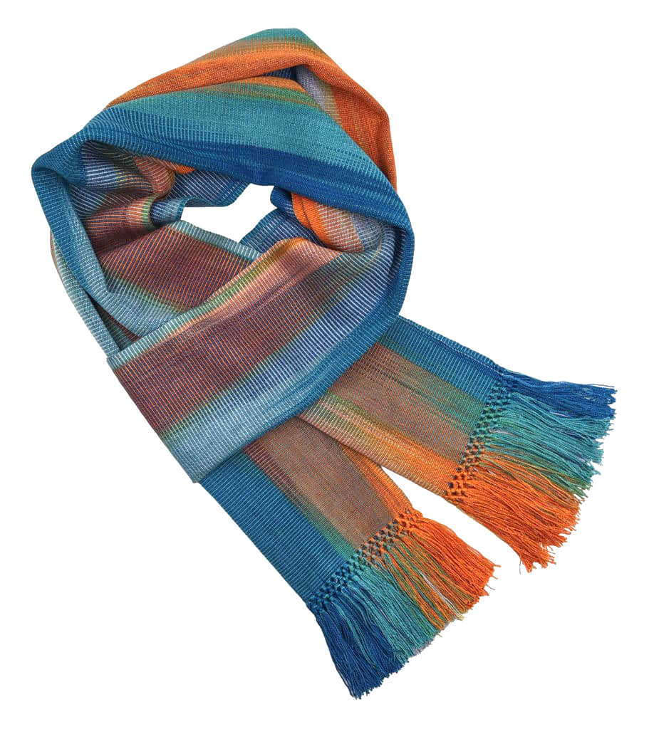 Blue, Orange and Gray Lightweight Bamboo Handwoven Scarf 8 x 68